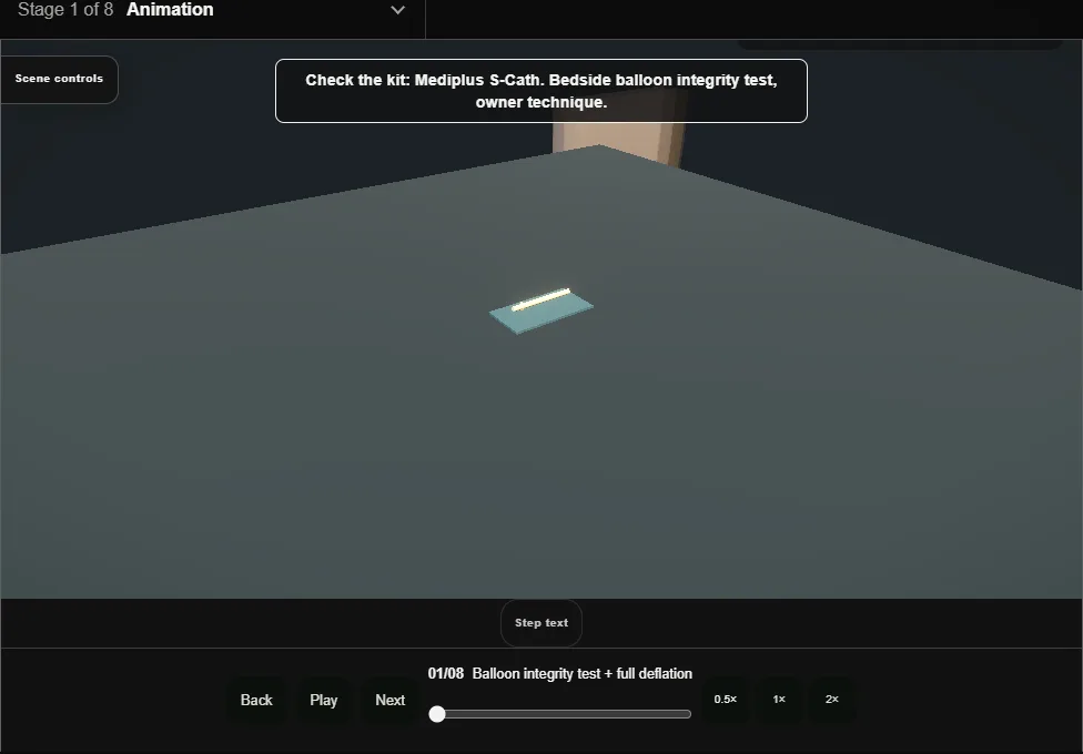 Suprapubic catheter insertion. Step 1: Balloon integrity test + full deflation. Captured frame from the interactive animation.